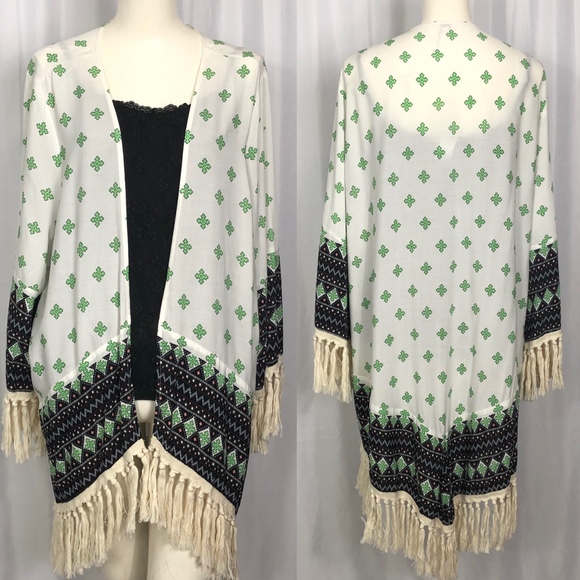 Entro Tops - Fun Aztec Print Kimono with Fringe F452